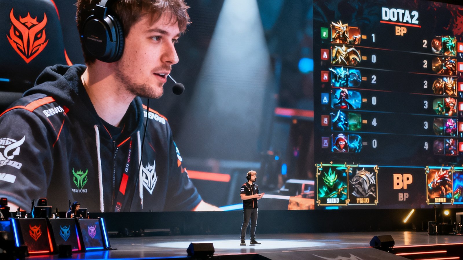 DOTA2国际邀请赛舞台上，双方战队正在进行BP阶段，大屏幕显示着英雄禁用与选取的实时画面，教练戴着耳麦紧张沟通战术