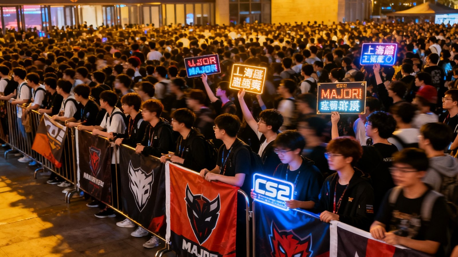 CS2上海Major决赛场馆外，大量粉丝排队入场，人潮涌动，许多观众手持战队应援旗帜和定制灯牌，气氛热烈