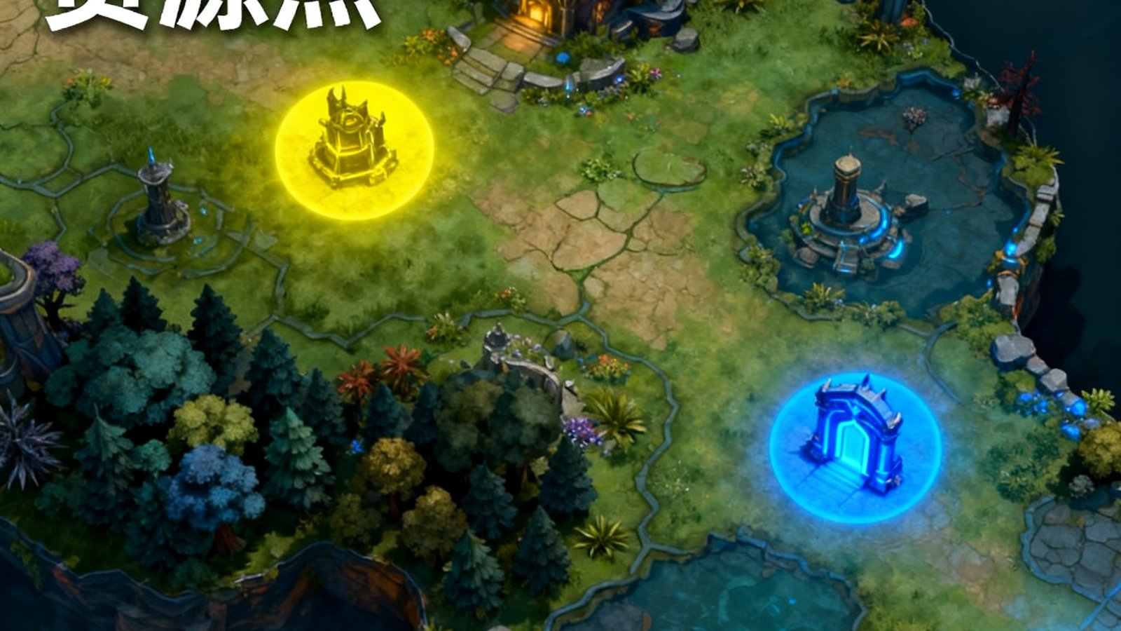 DOTA2新版本7.35地图改动示意图，野区资源点重新分布用彩色标注，新增加的观察者和传送门位置被高亮显示